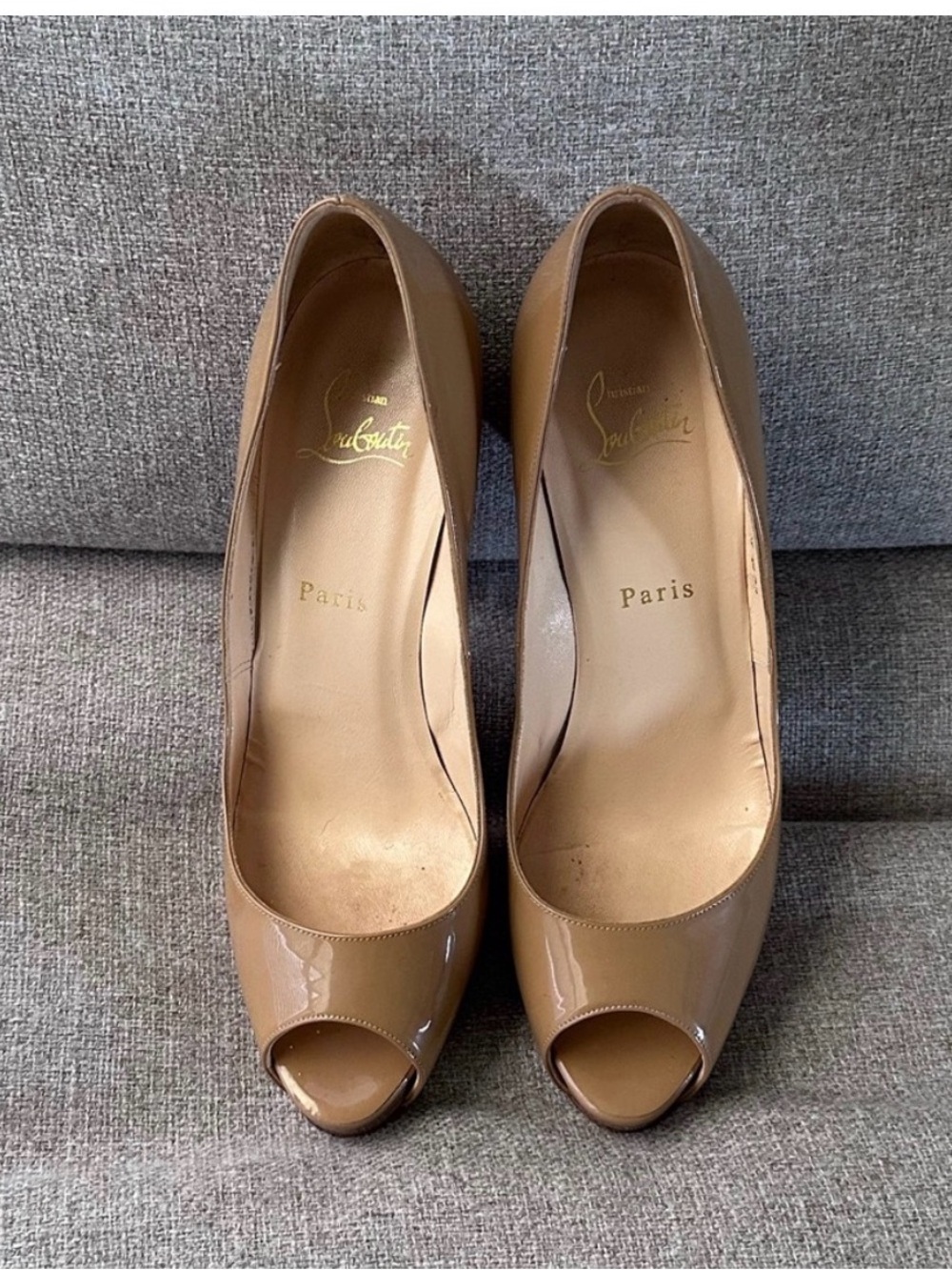 Christian Louboutin Very Prive 120 Nude Patent Peep-Toe Pumps with Red Soles